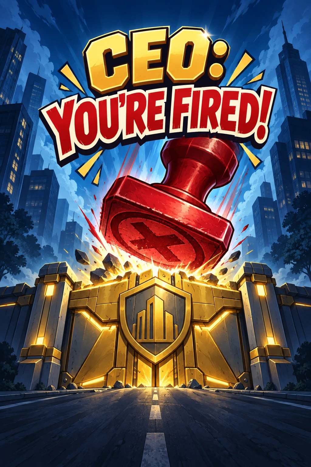 CEO: You're Fired! 게임 타이틀과 요새 일러스트
